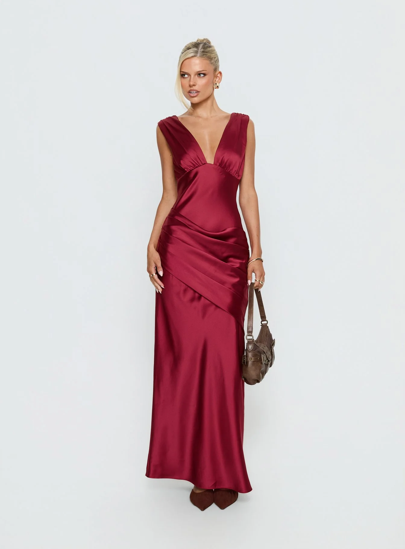 False Alarm Plunge Asymmetrical Pleat Maxi Dress Red