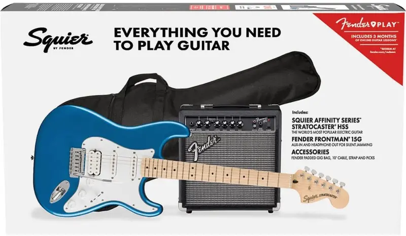 Zestaw Squier by Fender Affinity Stratocaster, HSS, gryf klonowy, kolor Lake Placid Blue, w tym wzmacniacz i akcesoria