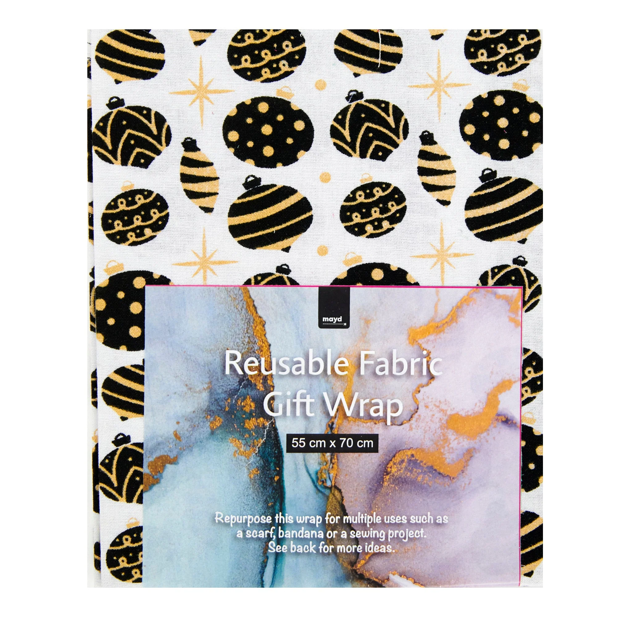 Metallic Christmas Fabric Print Reusable Gift Wrap, Black Gold Baubles- 55cmx70cm