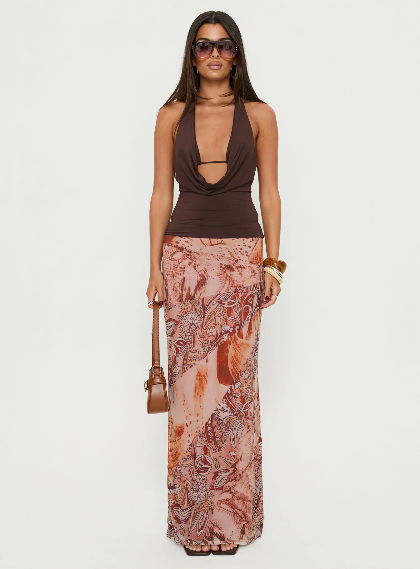 Xylia Plunge Neck Tie Back Top Chocolate