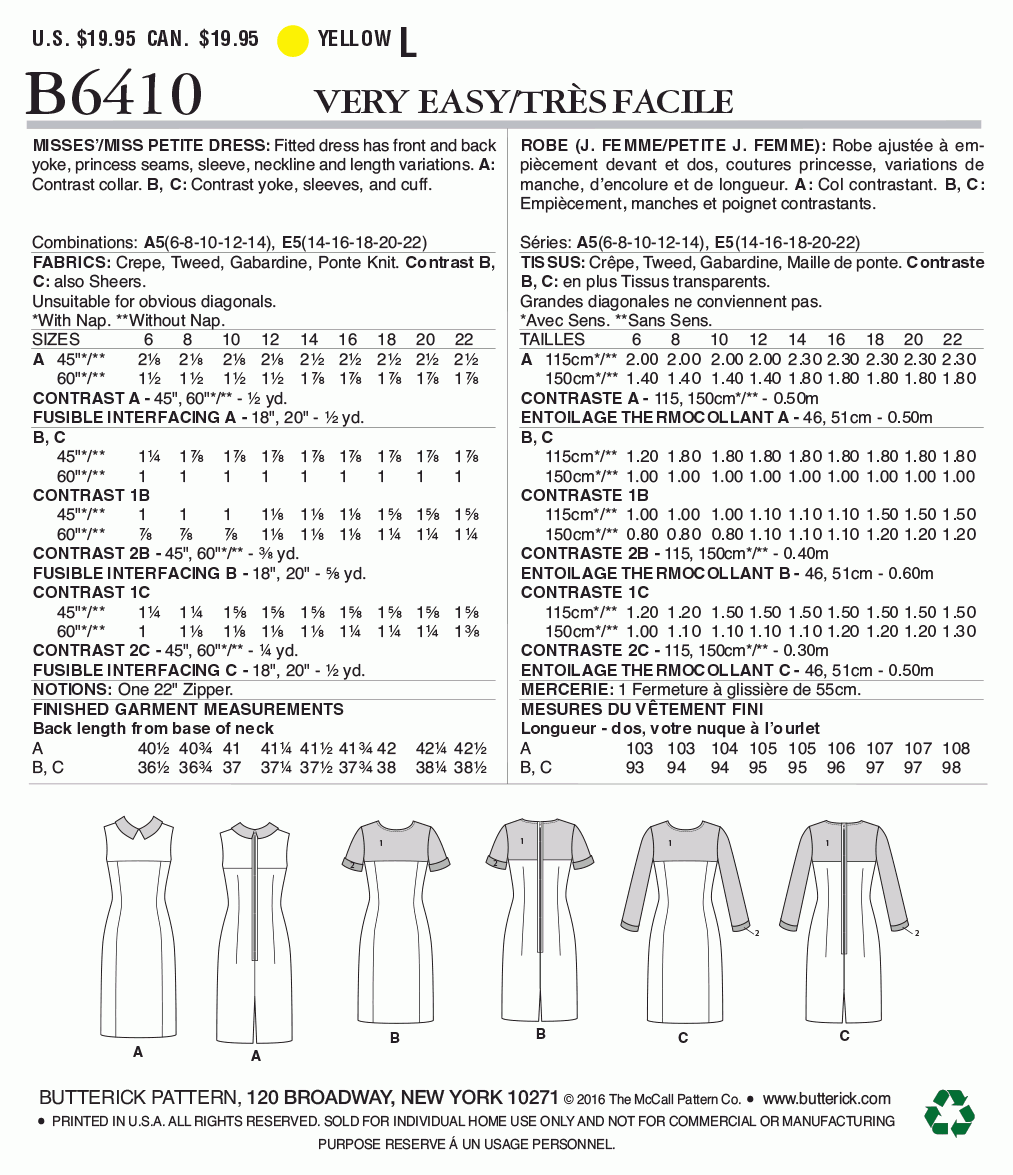 Butterick Pattern B6410 Misses'/Miss Petite Paneled Dresses with Yokes