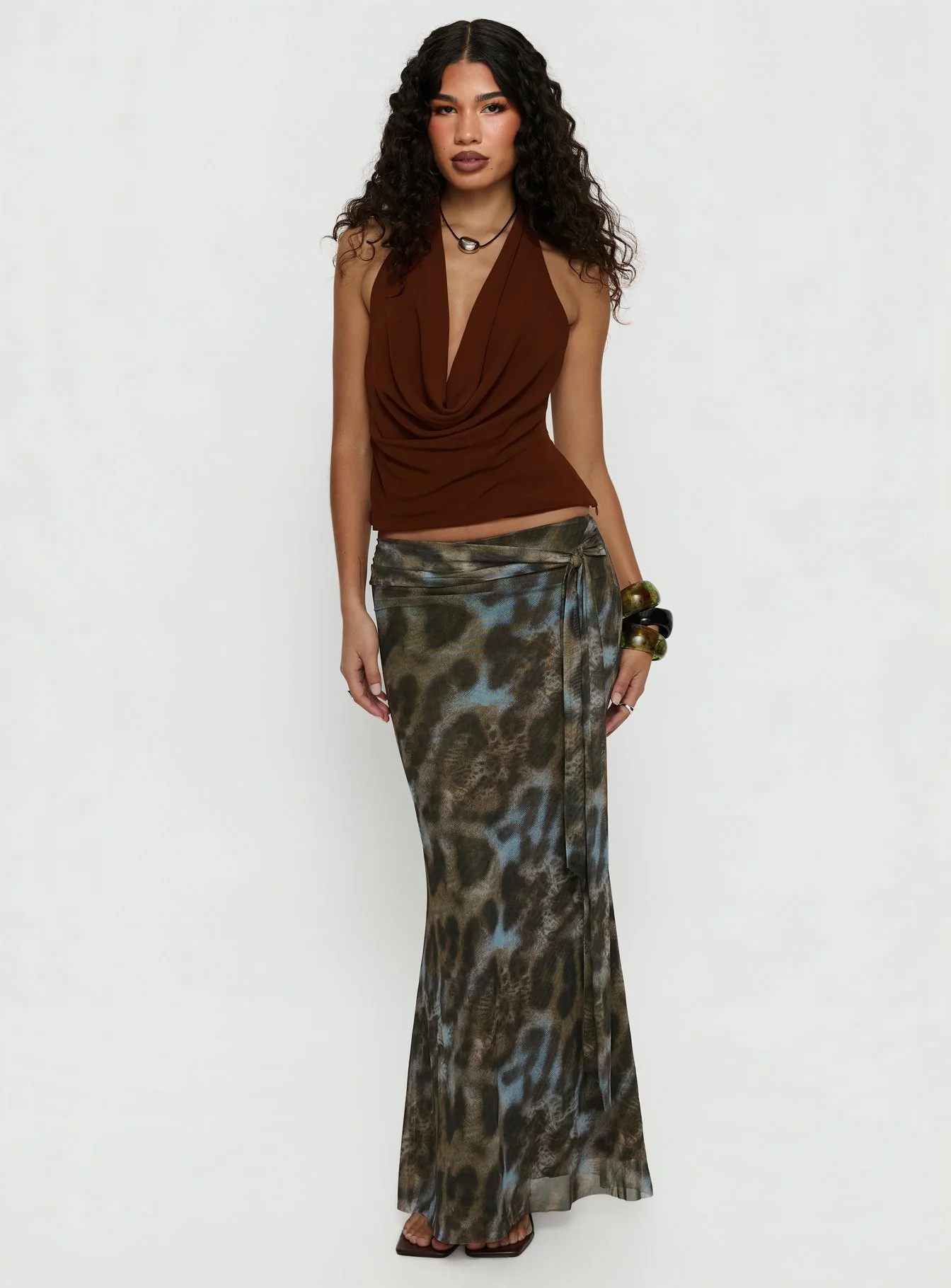 Annina Plunge Neck Backless Halter Top Chocolate