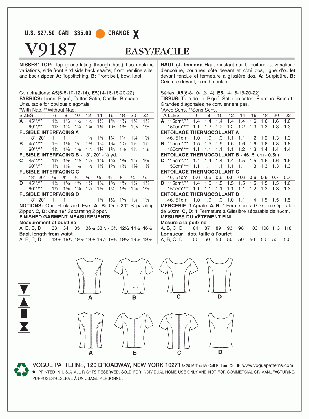 Voguepattern V9187 Misses' Jewel or Scoop-Neck, Princess-Seam Tops