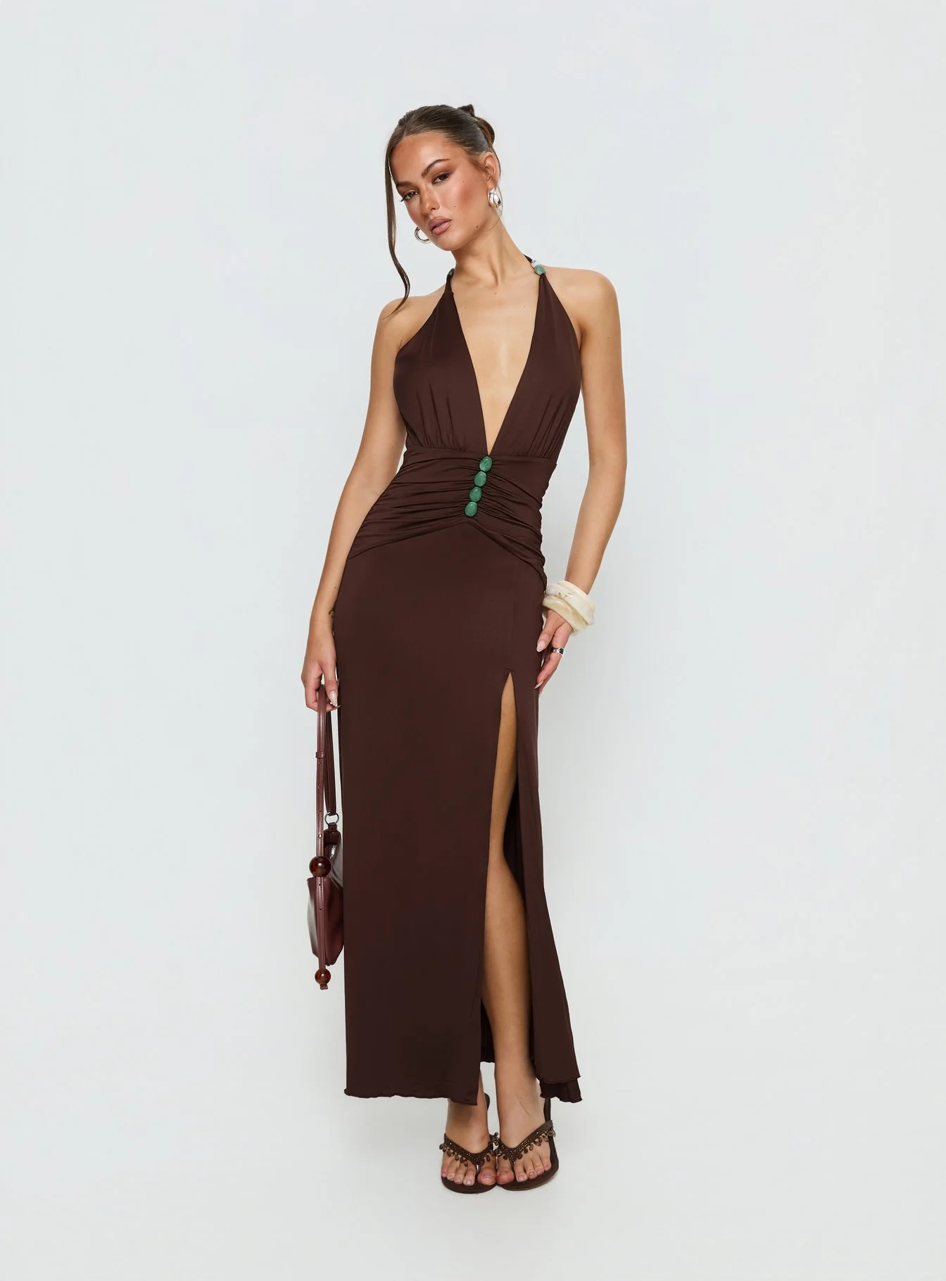 Sasami Halter Plunge Maxi Dress Chocolate