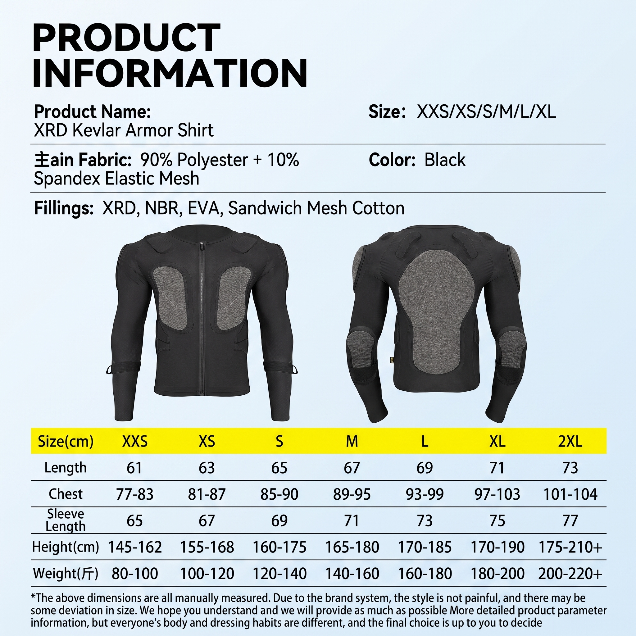 Snowboard Protective Jacket Long Sleeve Padded Body Armor Shirt for Skiing Riding, Black Front Zip