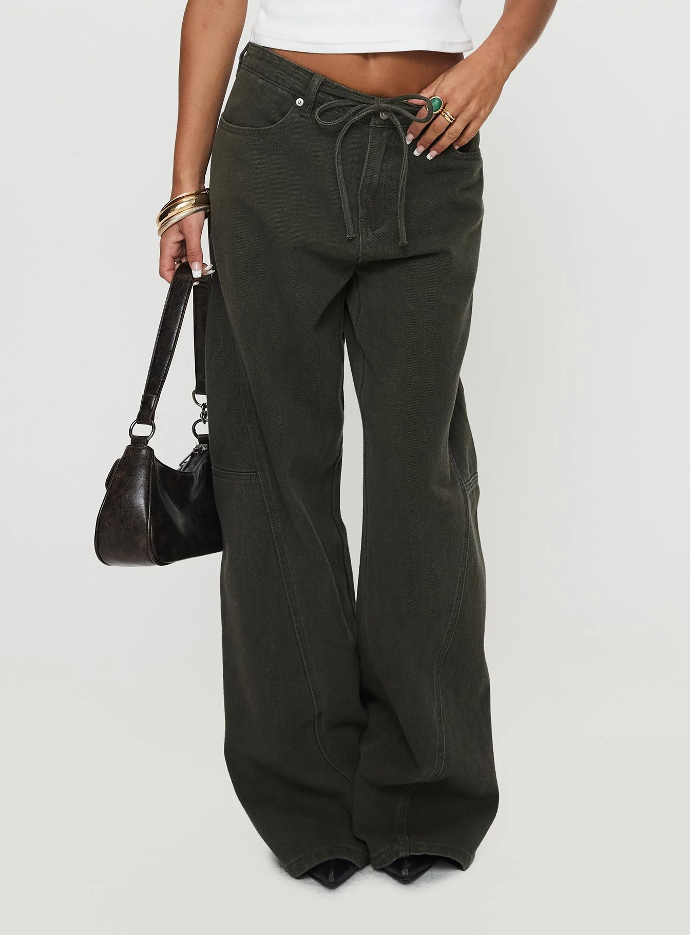 Bruiser Tie Waist Mid Rise Wide Leg Jeans Green Petite