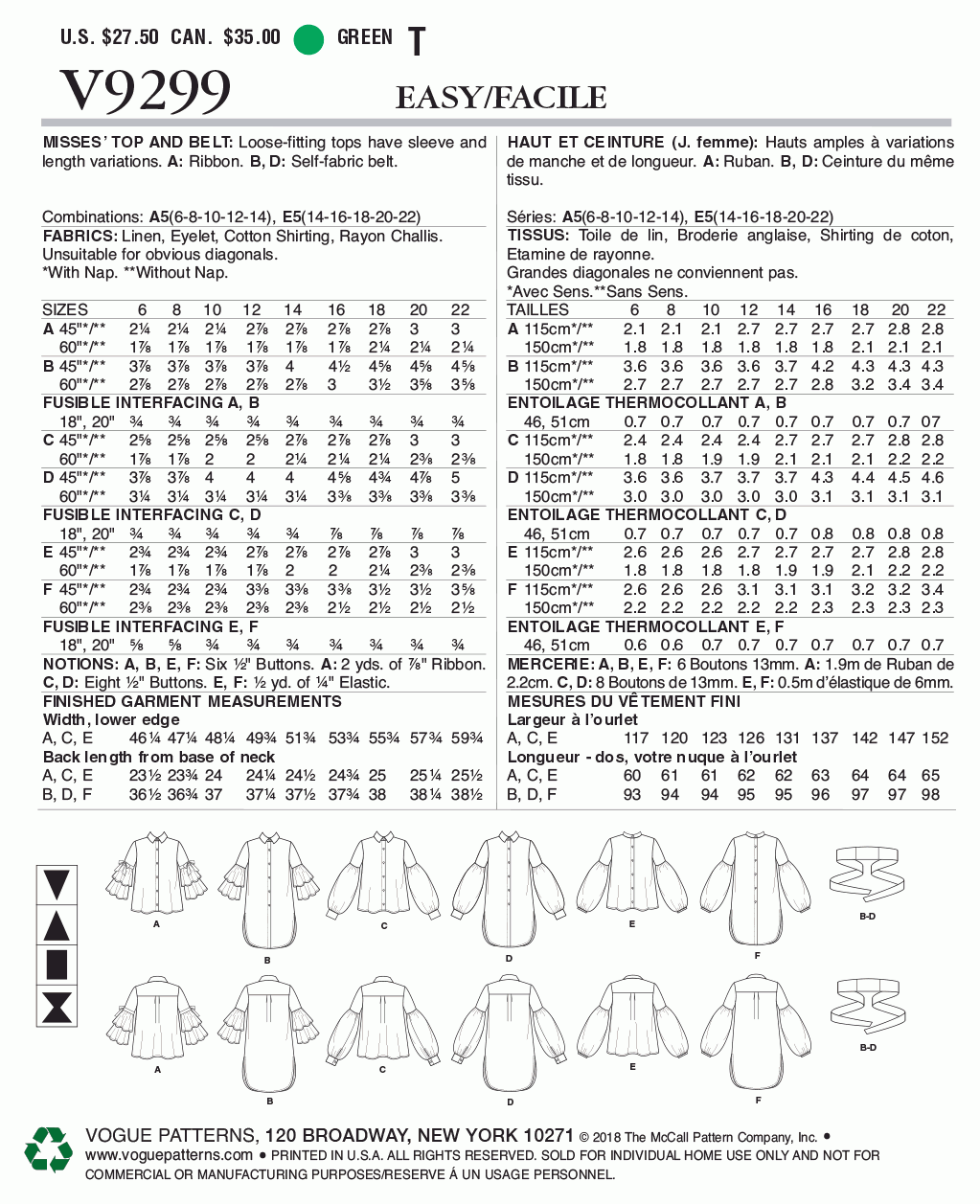 Vogue Pattern V9299 Misses' Top and Belt