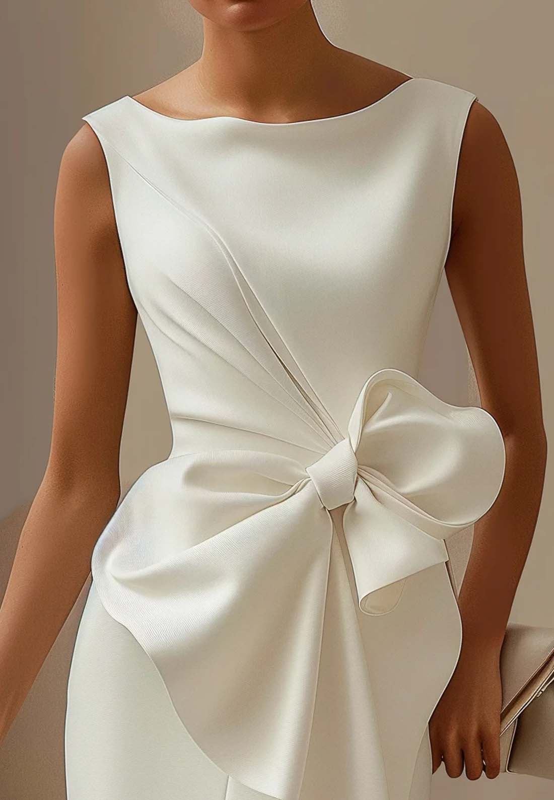 White 3D Bow Sleeveless Sheath Midi Dress Bow