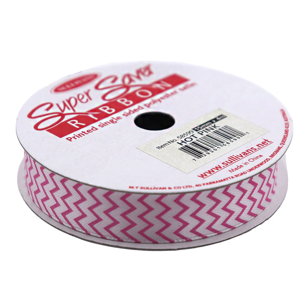 Sullivans Satin Ribbon, Chevron Hot Pink- 25mm