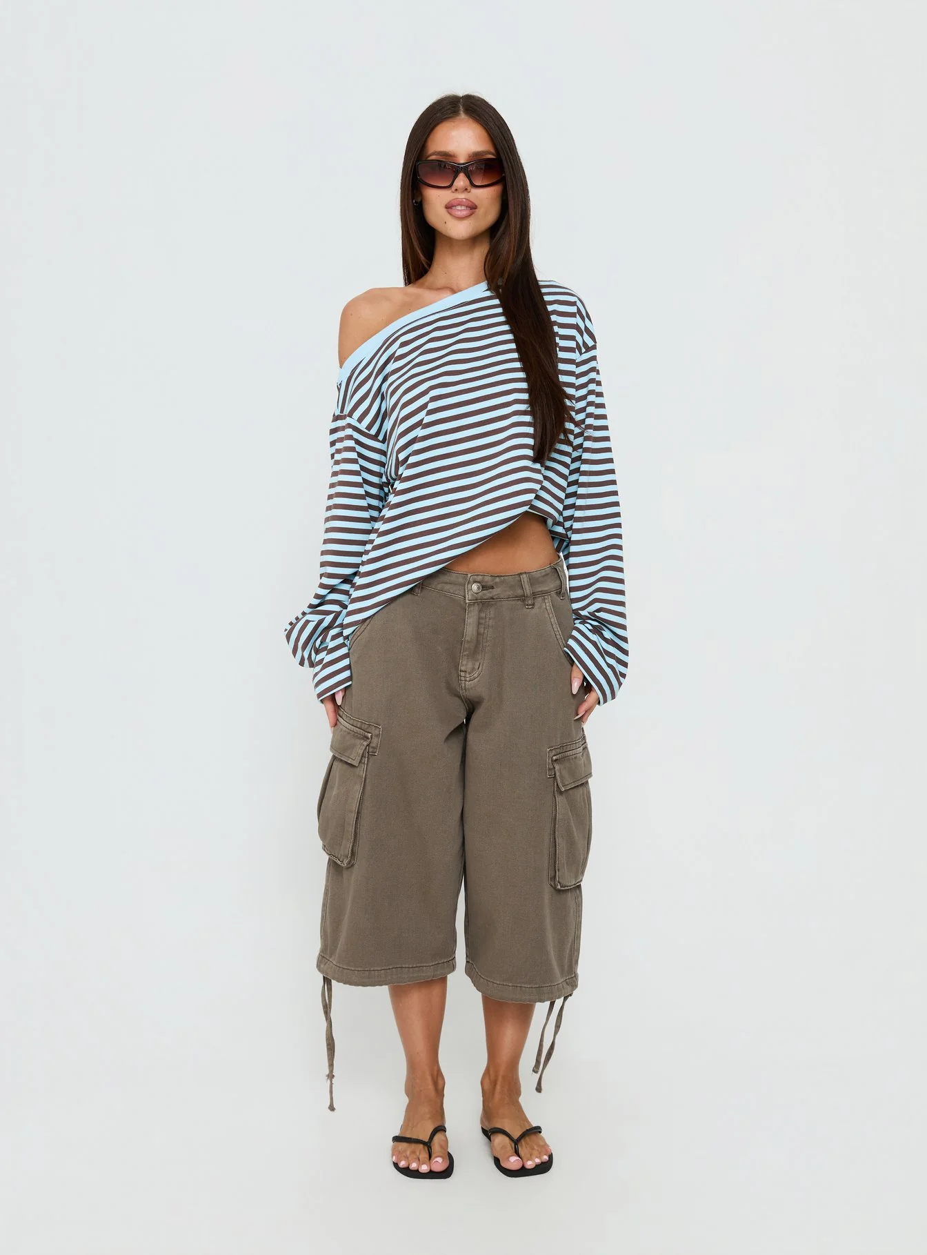 Settle Down One Shoulder Long Sleeve Top Chocolate / Blue Stripe