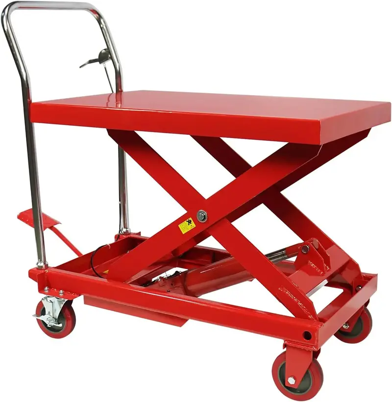 Wózek widłowy hydrauliczny o udźwigu 300 kg – wysokość maksymalna 79 cm, podwójny mechanizm nożycowy, 4 koła skrętne i powierzchnia antypoślizgowa.
