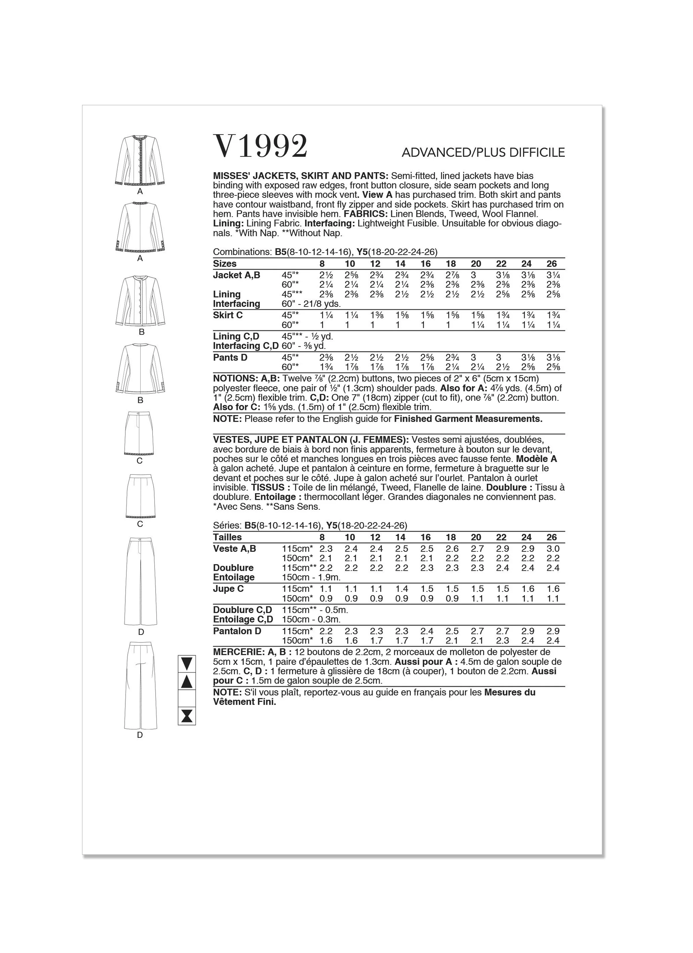 Voguepattern V1992 Misses' Jackets, Skirt and Pants