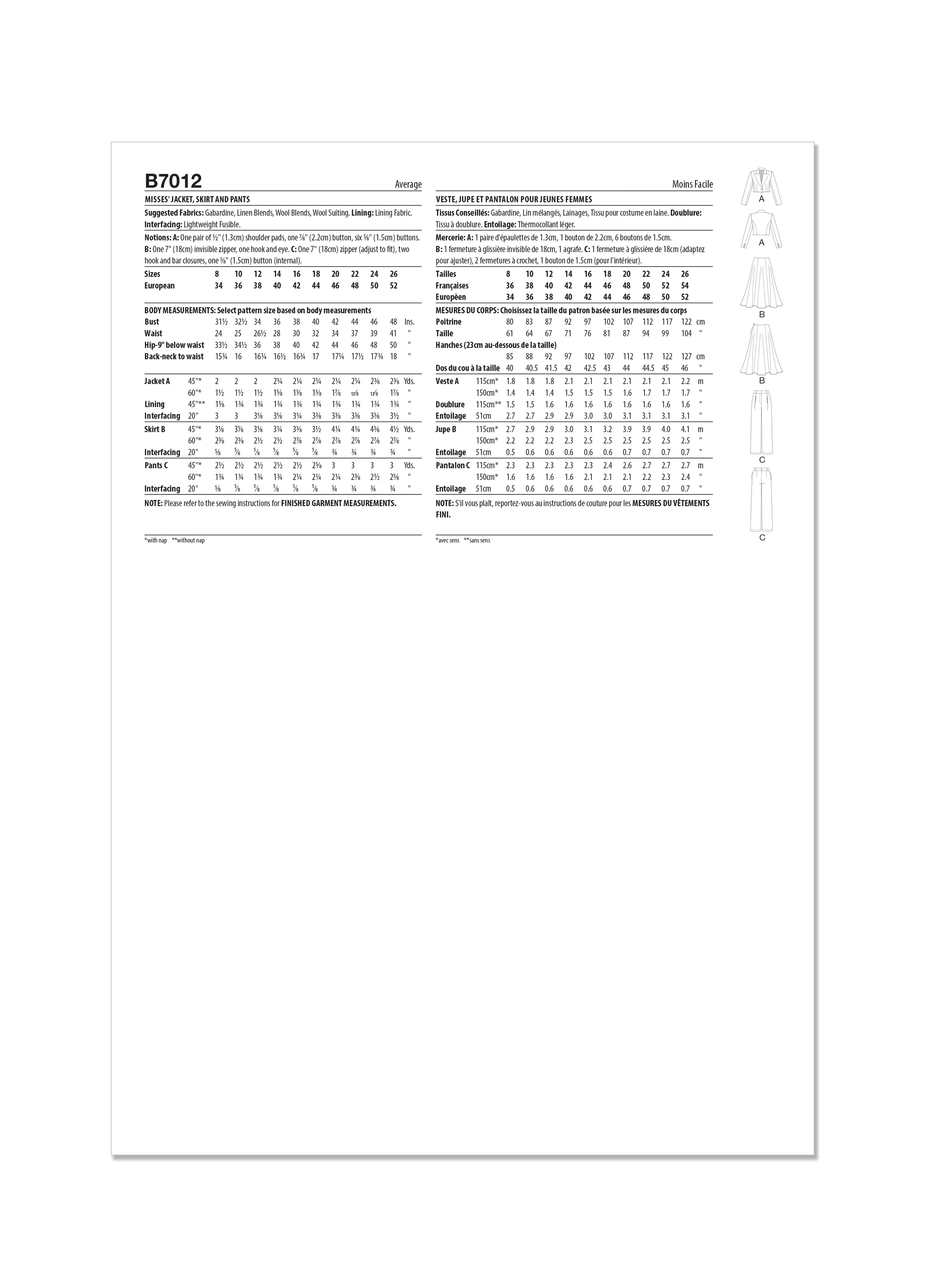 Butterick Pattern B7012 Misses' Jacket, Skirt, and Pants