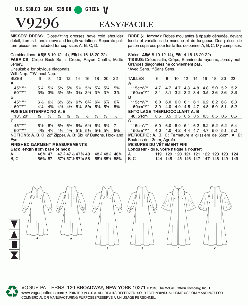 Vogue Pattern V9296 Misses' Dress