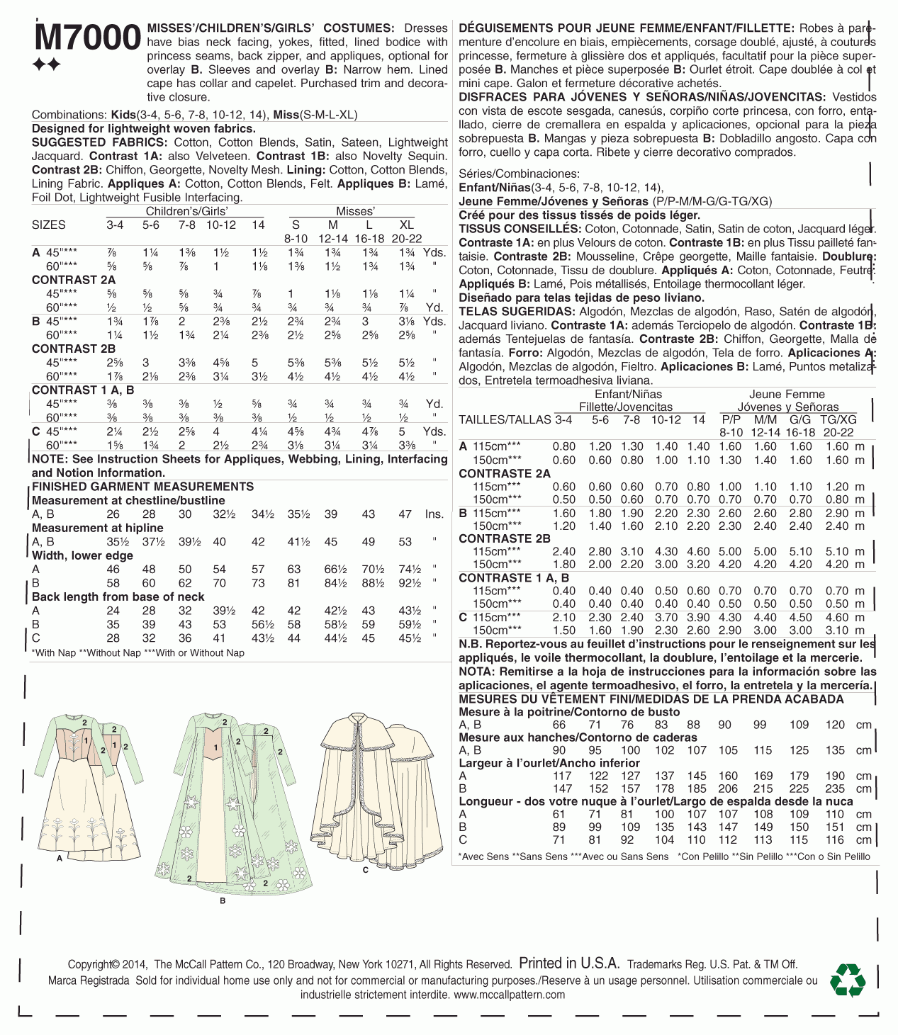 McCall's Pattern M7000 Misses'/Children's/Girls' Costumes
