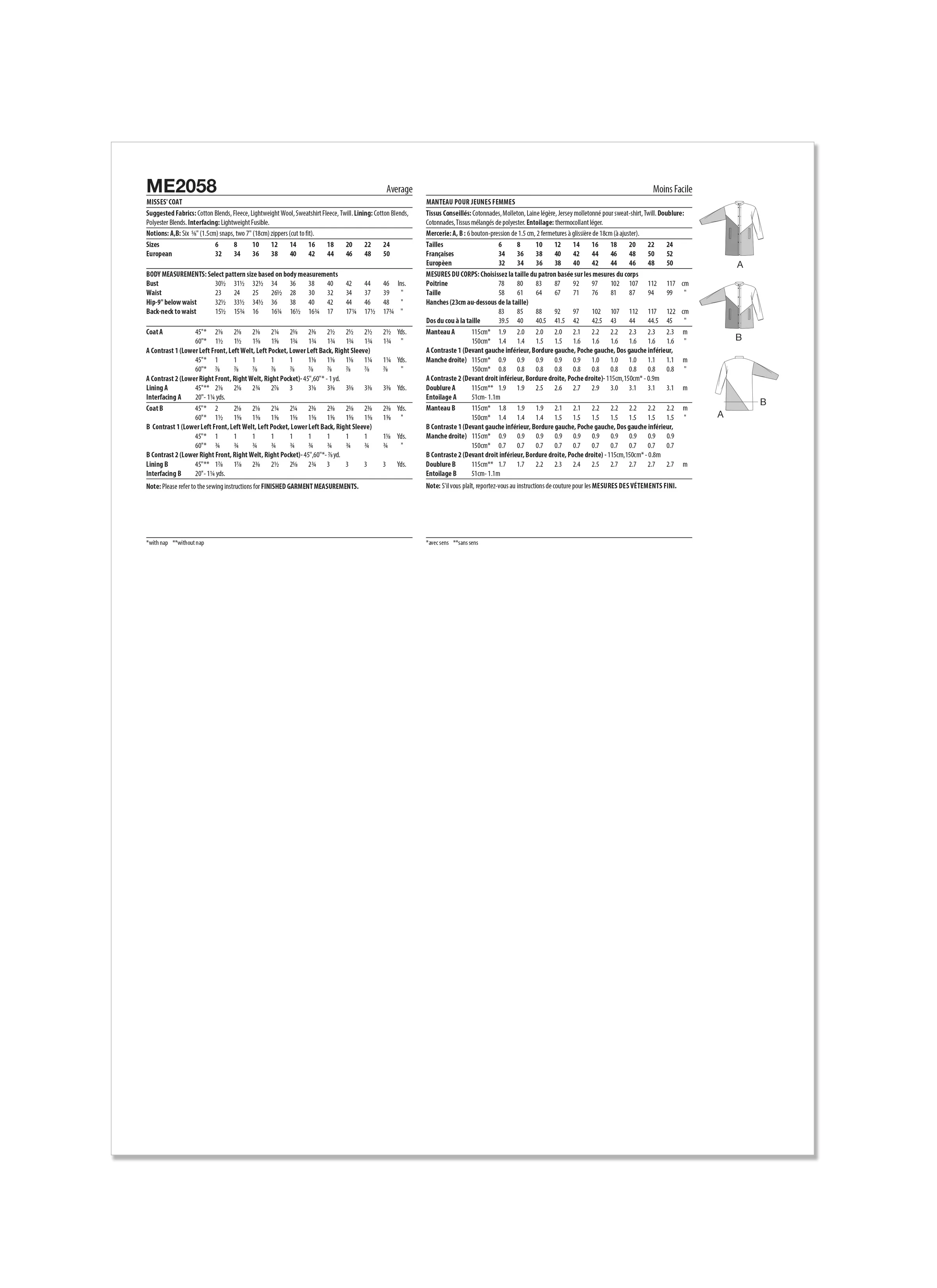 KnowMe Pattern Me2058 Misses' Jacket Coat