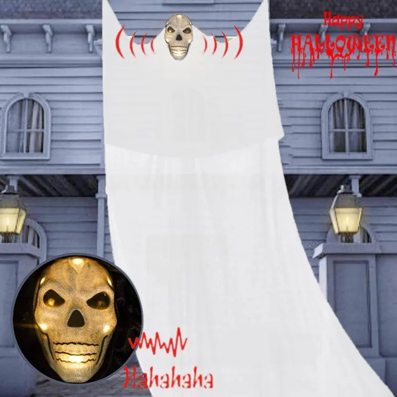 Wisząca lampionowa lampa LED w kształcie ducha – duża, upiorna druciana dekoracja na Halloween, odpowiednia do stosowania wewnątrz i na zewnątrz.