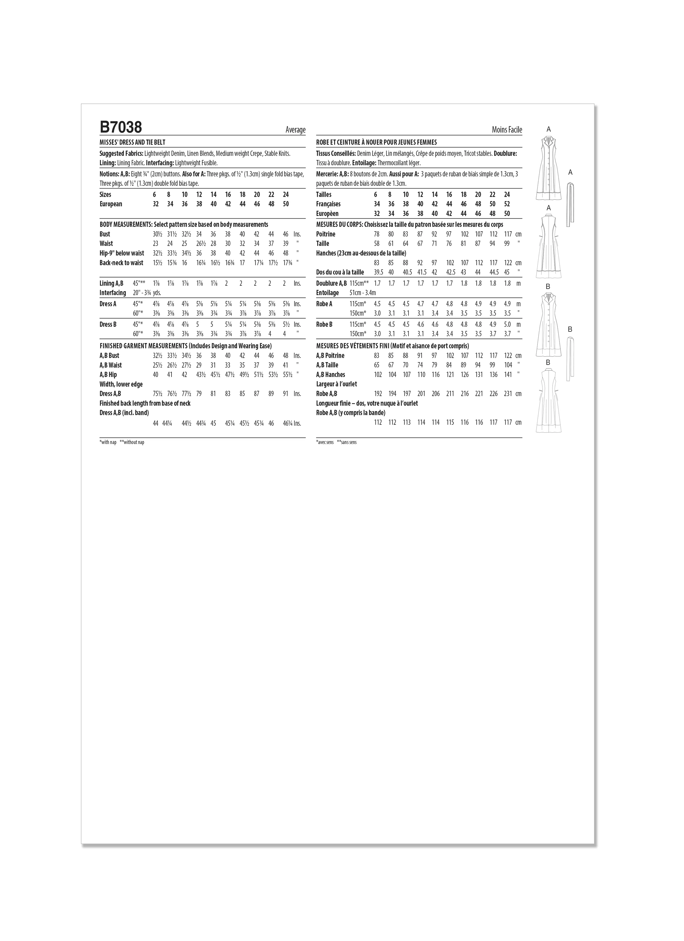 Butterick Pattern B7038 Misses' Dress and Tie Belt