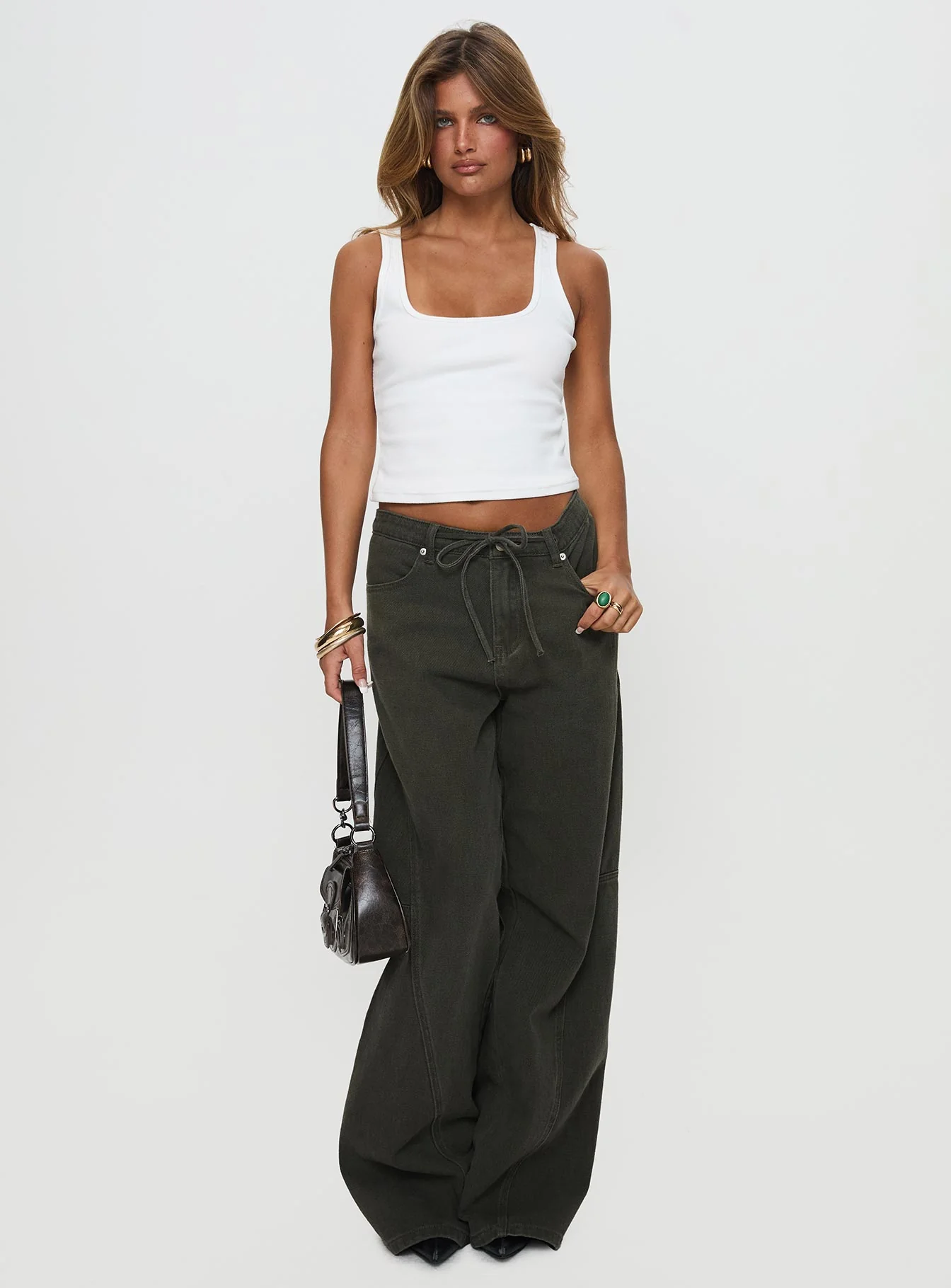 Bruiser Tie Waist Mid Rise Wide Leg Jeans Green Petite