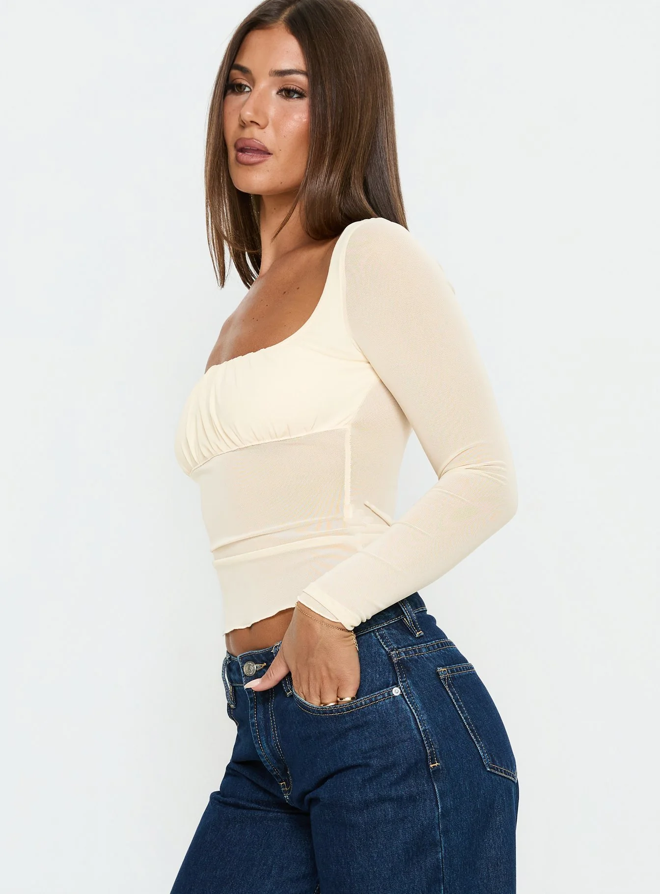 Victoire Long Sleeve Mesh Top Beige
