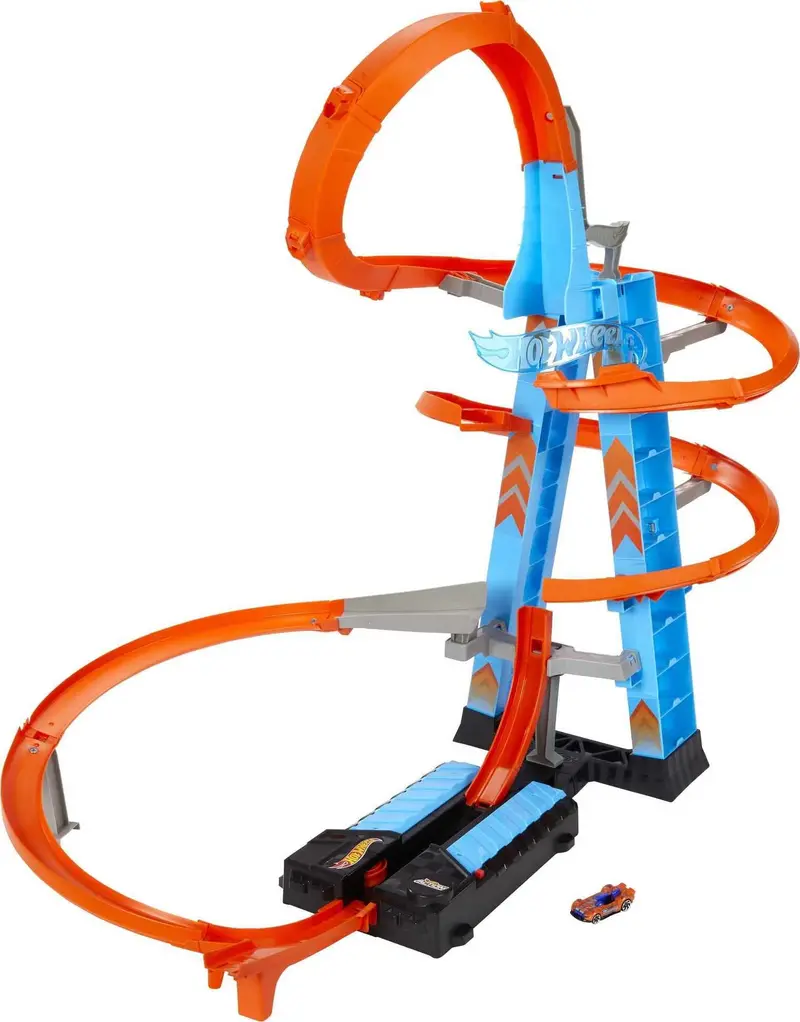Tor wyścigowy Hot Wheels Sky Crash Tower z samochodzikami i miejscem do przechowywania ponad 20 samochodów w skali 1:64.