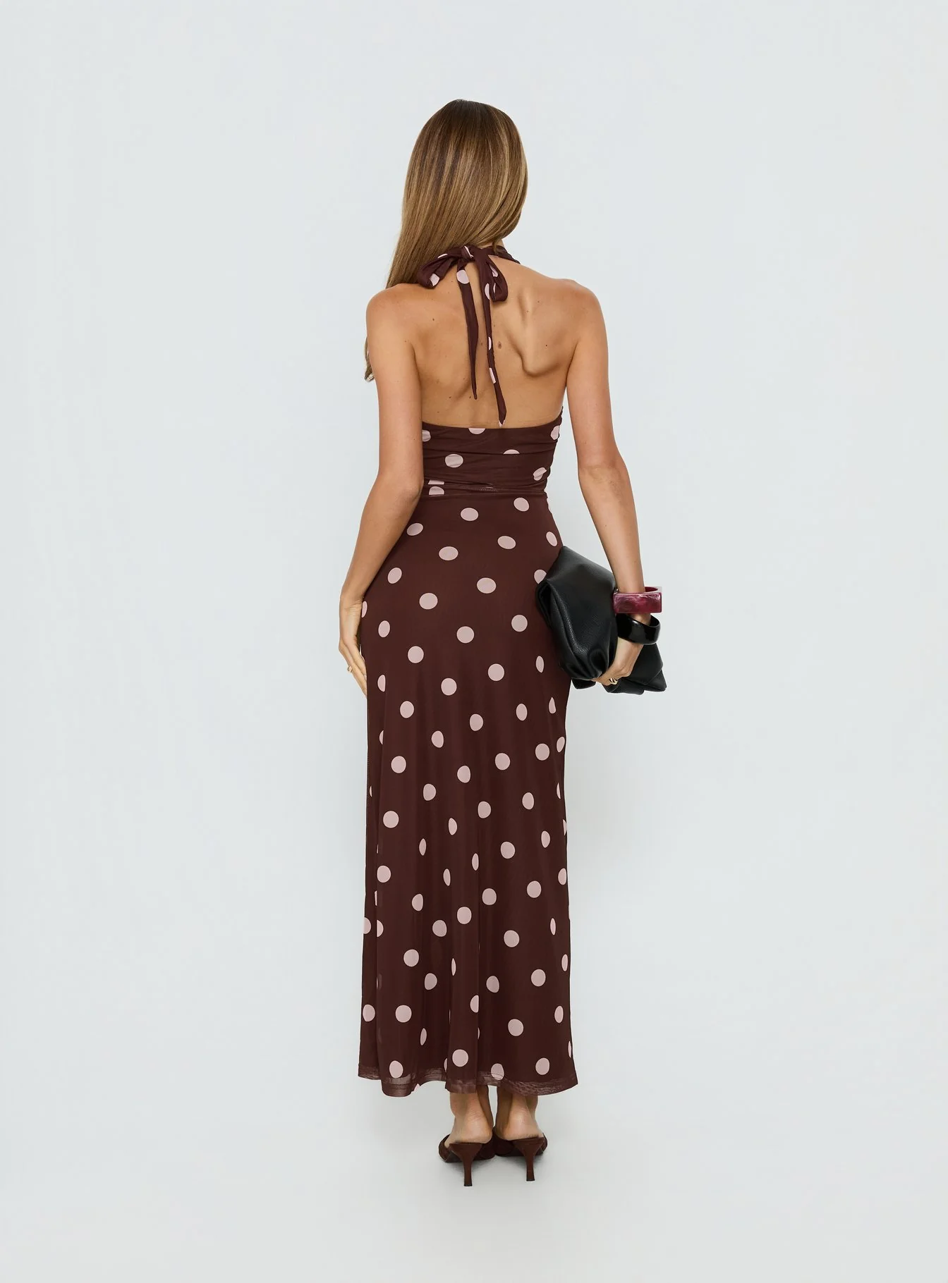 Saviana Halter Ruched Maxi Dress Chocolate / Pink Polka Dot