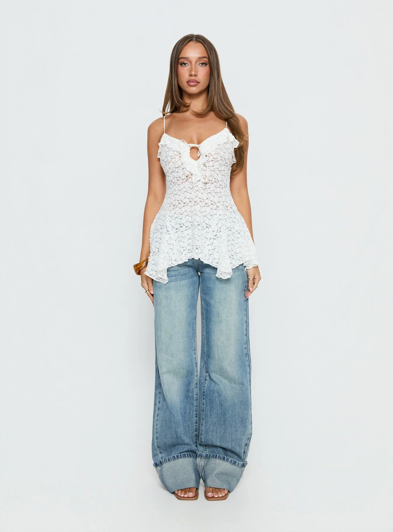 Medinilla Ruffle Tie Front Top White Lace