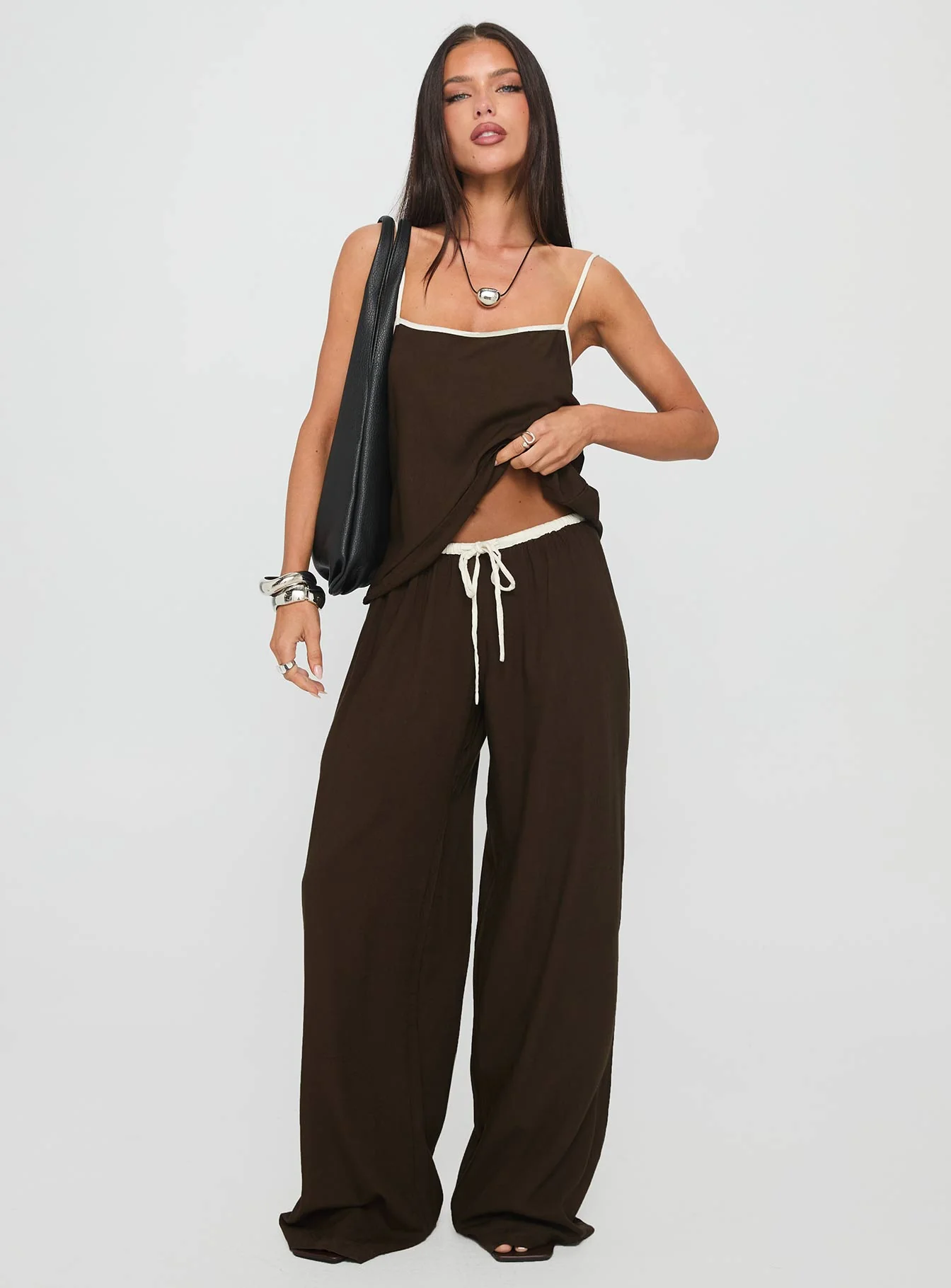 Nolei Contrast Pants Set Chocolate / White