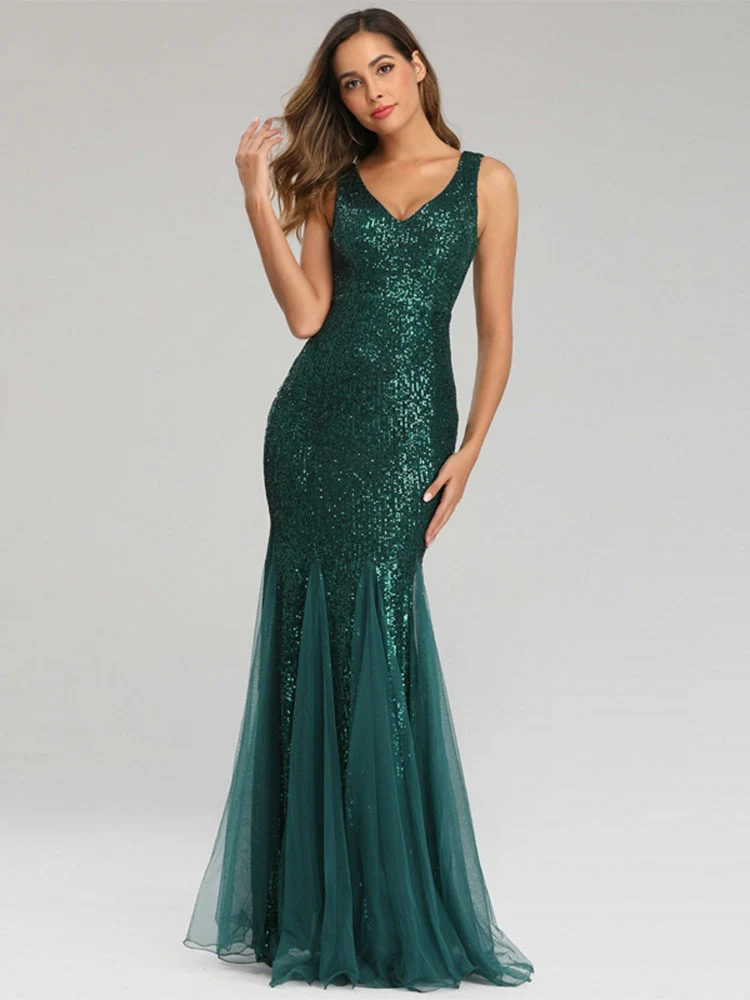 Sequin Mermaid V-Neck Sleeveless Dress-BM00043