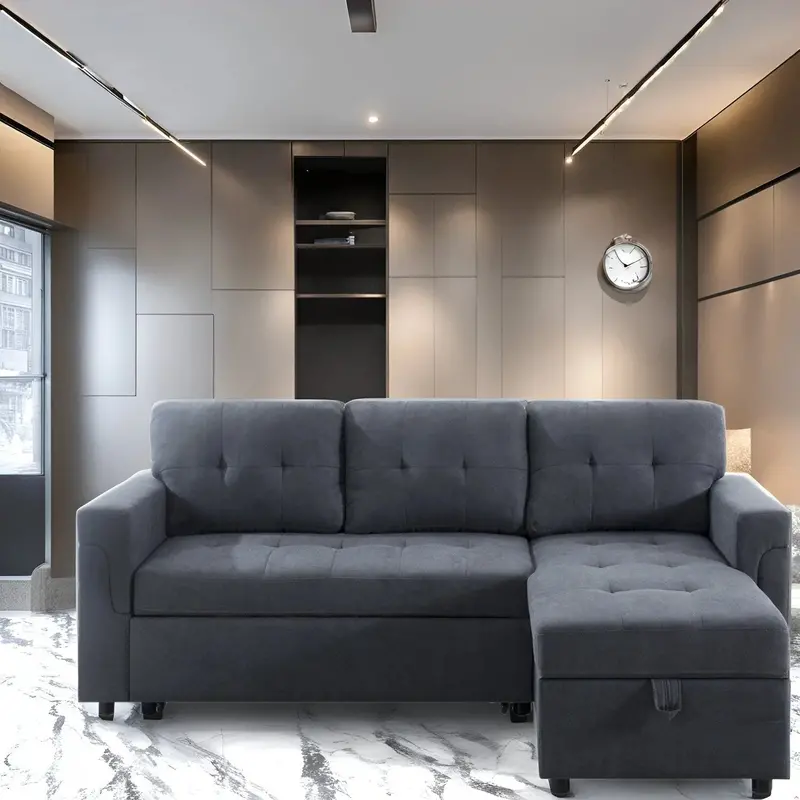 Rewersyjna sofa narożna z funkcją spania, szezlong ze schowanym schowkiem i wzmocnionymi nogami.