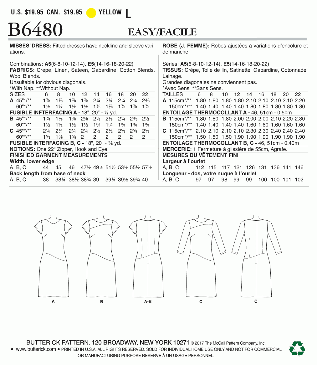 Butterick Pattern 6480 Misses' Fitted Dresses with Hip Detail, Neck and Sleeve Variations