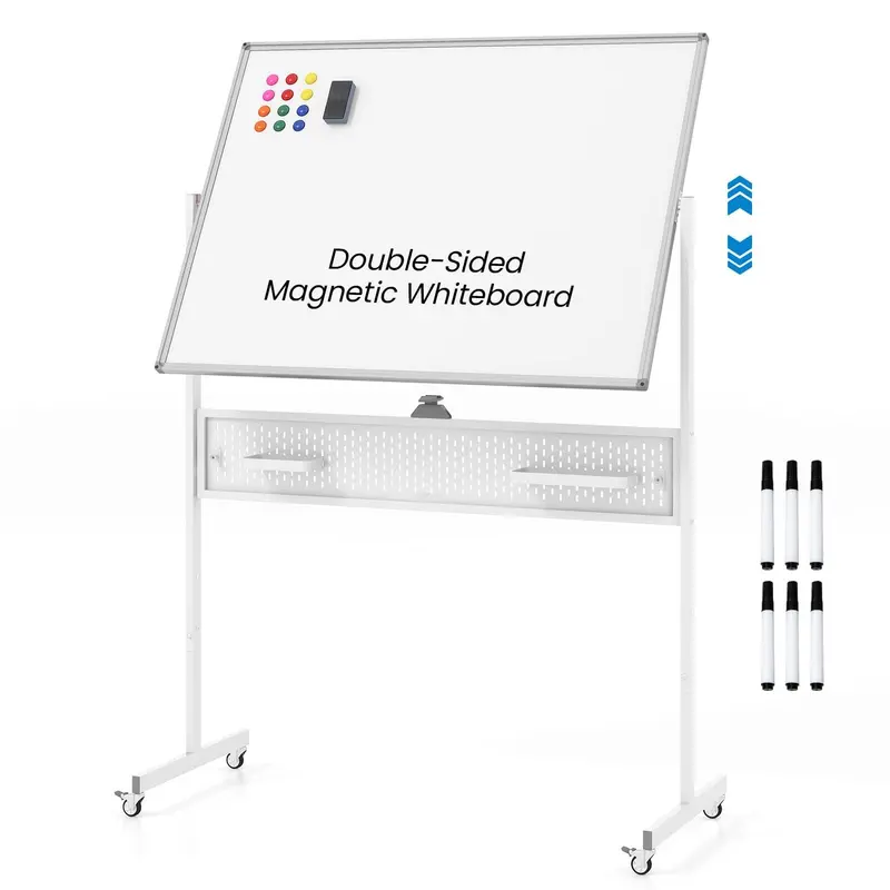 Tablica suchościeralna na kółkach z regulacją wysokości – 122 x 91 cm z tablicą ogłoszeń, haczykami do zawieszania, tackami i magnesami