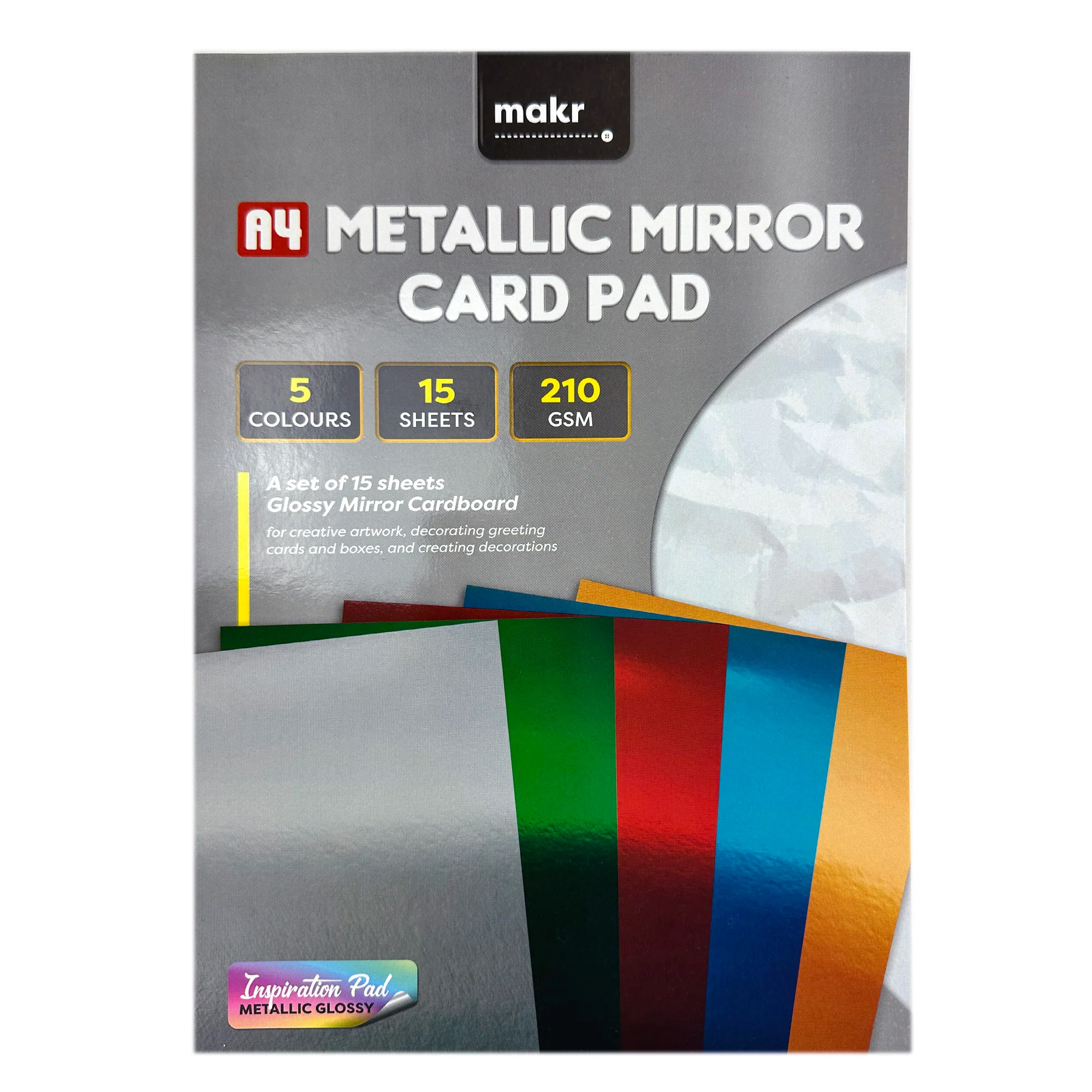 A4 Mirror Card Pad 210 Gsm, 5 Metallic Colours- 15 Sheets