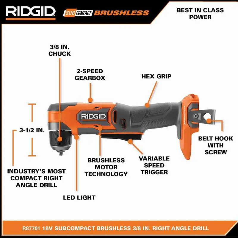 Kompaktowa, bezszczotkowa, akumulatorowa wiertarko-wkrętarka kątowa RIDGID 18 V 3/8