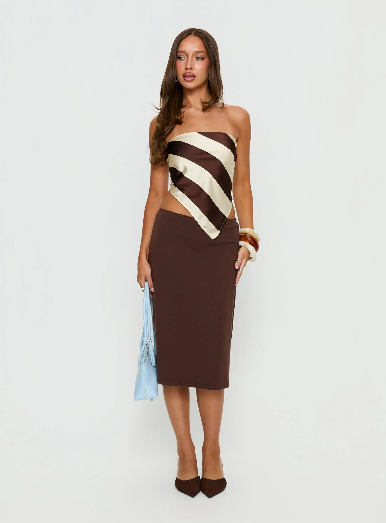 Lailana Tie Back Strapless Scarf Top Brown Stripe