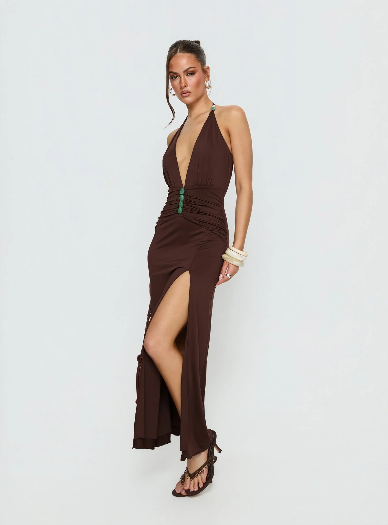 Sasami Halter Plunge Maxi Dress Chocolate