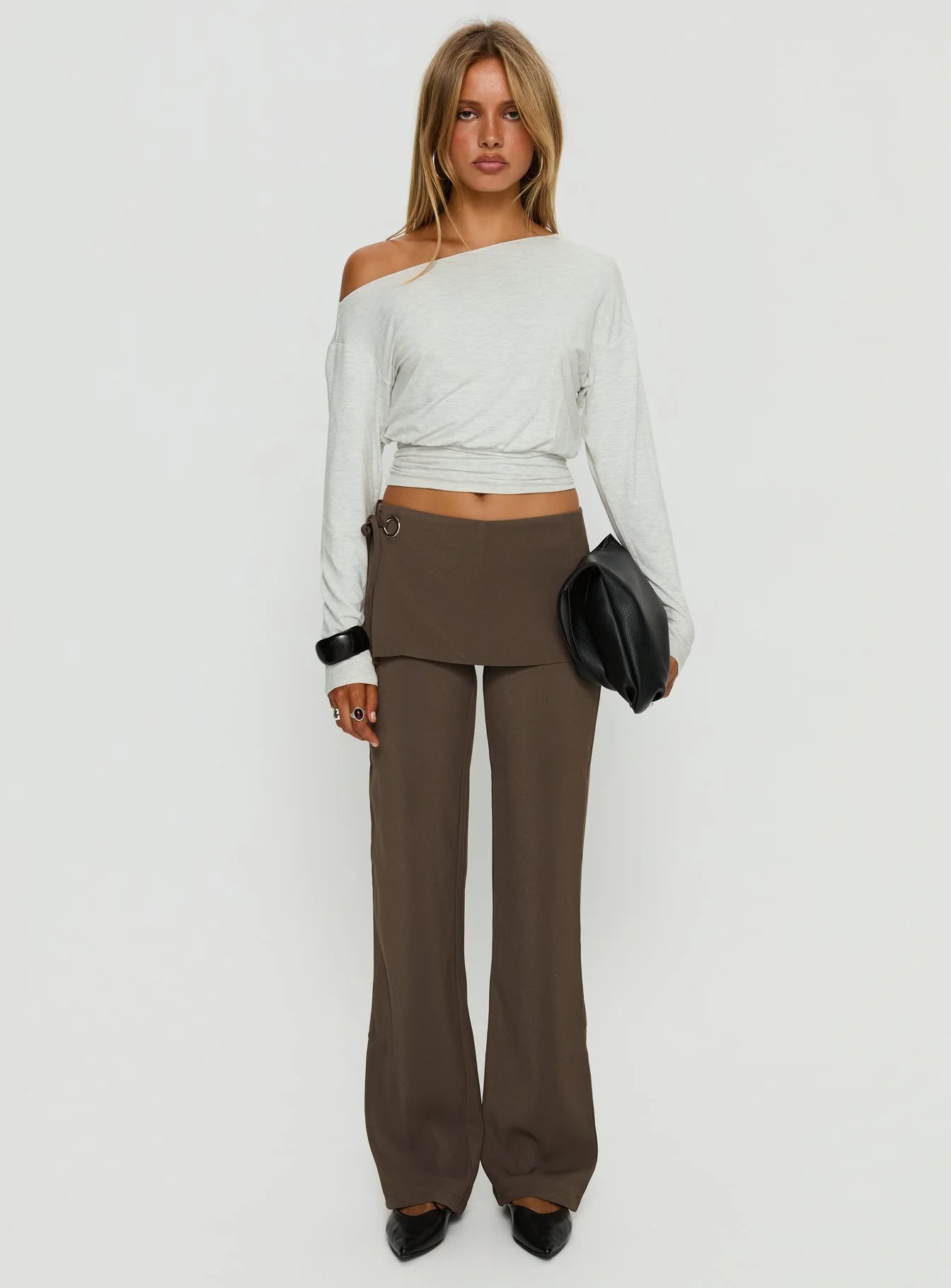 Ashlinn Off Shoulder Long Sleeve Drapey Top Grey Marle