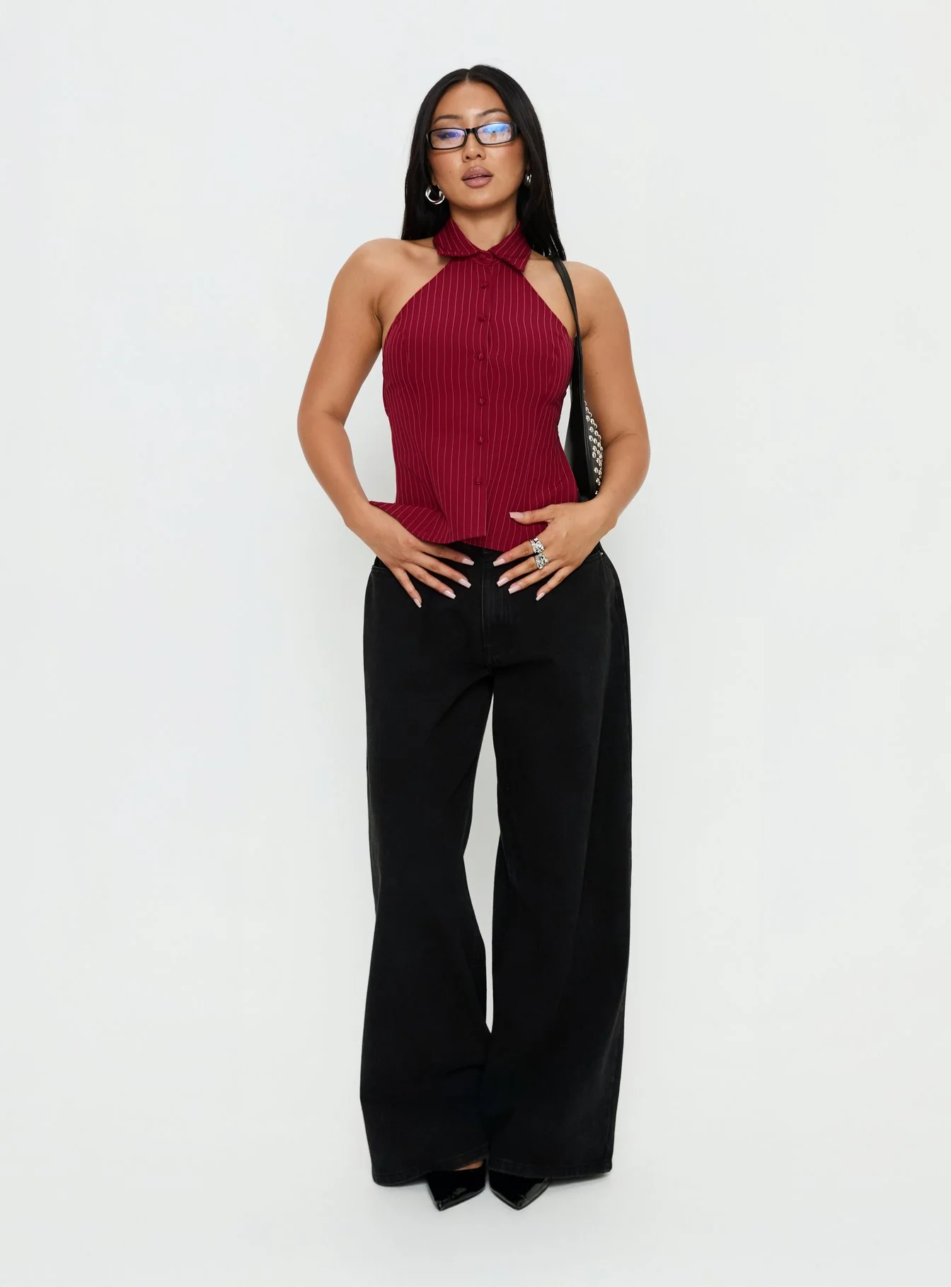 Roanne Backless Collared Top Red Stripe