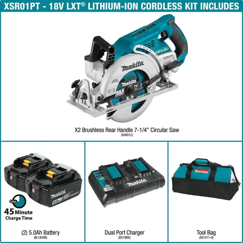 Makita 18V X2 LXT 5,0 Ah litowo-jonowa (36 V) bezszczotkowa akumulatorowa pilarka tarczowa z rękojeścią tylną 7-1/4