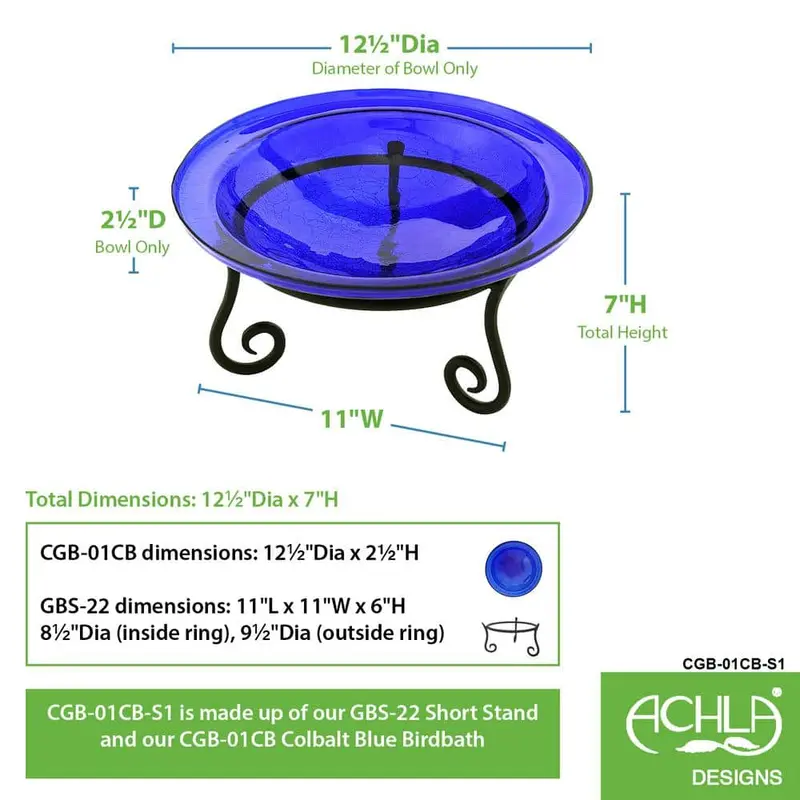 Kąpiel dla ptaków Achla Designs wykonana z kobaltowego, odblaskowego, popękanego szkła o średnicy 12,5 cala (31,75 cm) i krótkim stojakiem CGB-01CB-S1