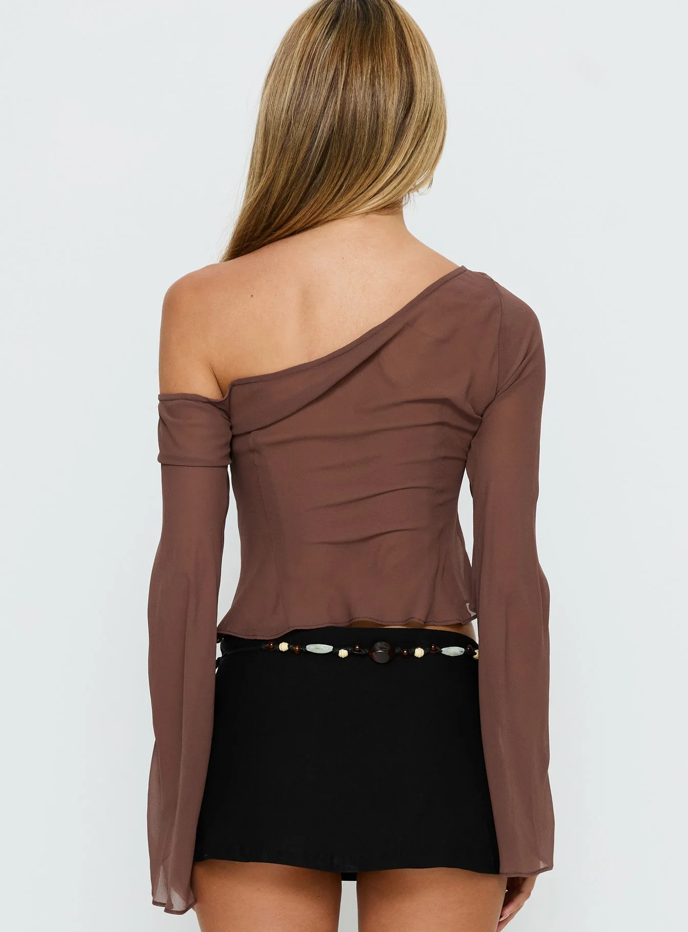 Nivara Chiffon One Shoulder Long Sleeve Top Mocha