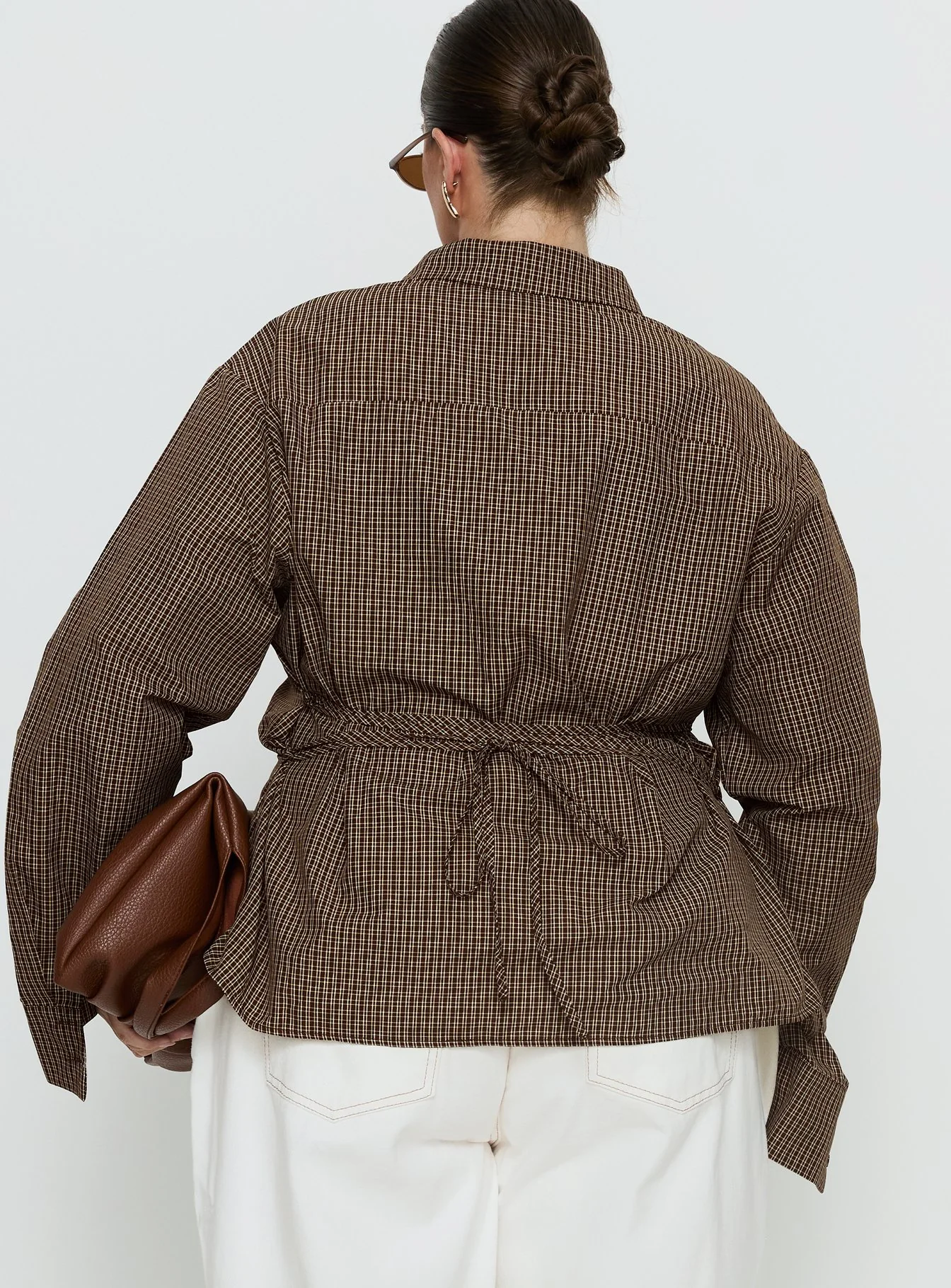 Xinia Tie Waist Long Sleeve Shirt Brown Check Curve