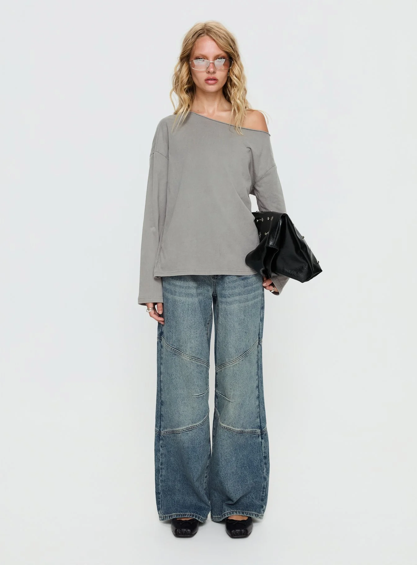 Karlyn Off Shoulder Long Sleeve Top Grey