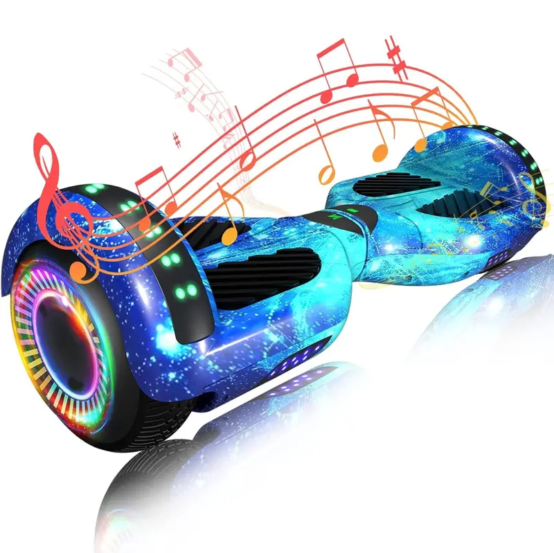 Inteligentny hoverboard z dwoma silnikami o mocy 250 W, sterowaniem za pomocą aplikacji Bluetooth i oświetleniem LED RGB.