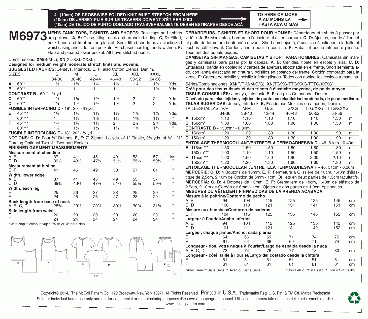 McCall's Pattern M6973 Men's Tank Tops, T-Shirts and Shorts