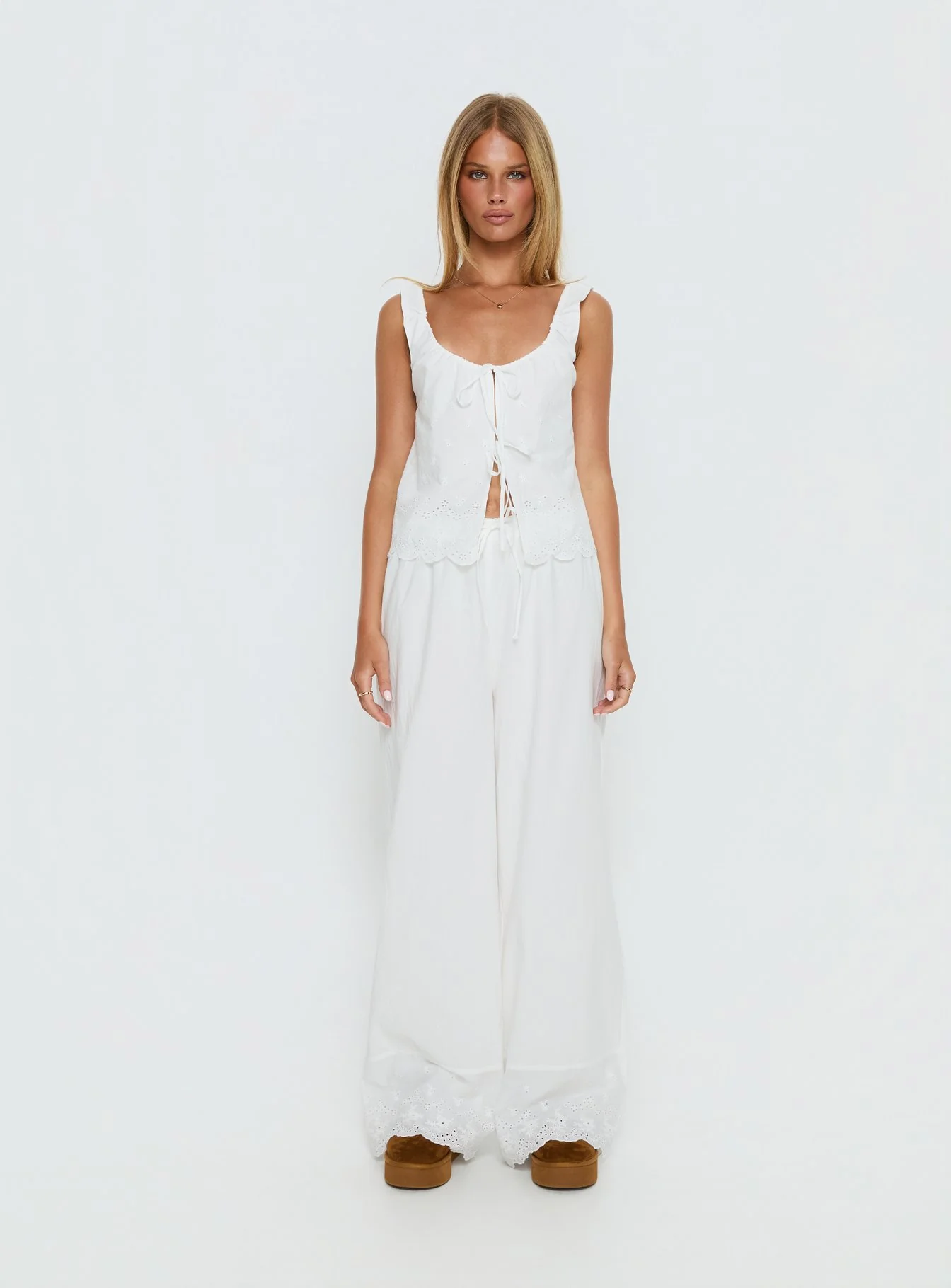 Kissed Chaos Broderie Anglais Tie Waist Pants White