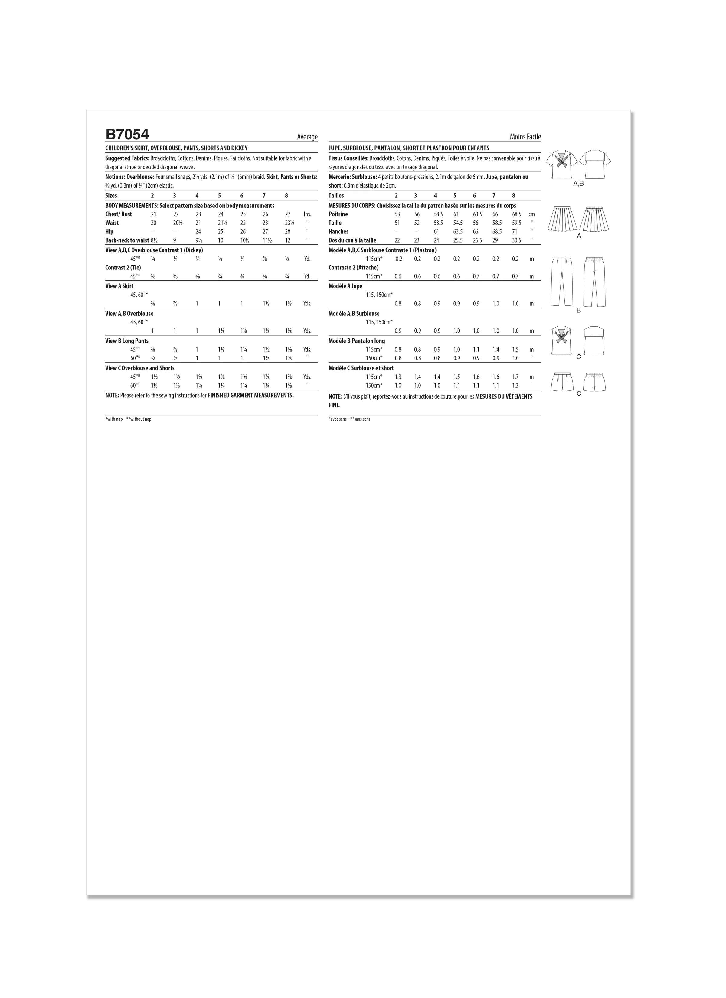 Butterick Pattern B7054 1960s Children's Skirt, Overblouse, Pants, Shorts and Dickey