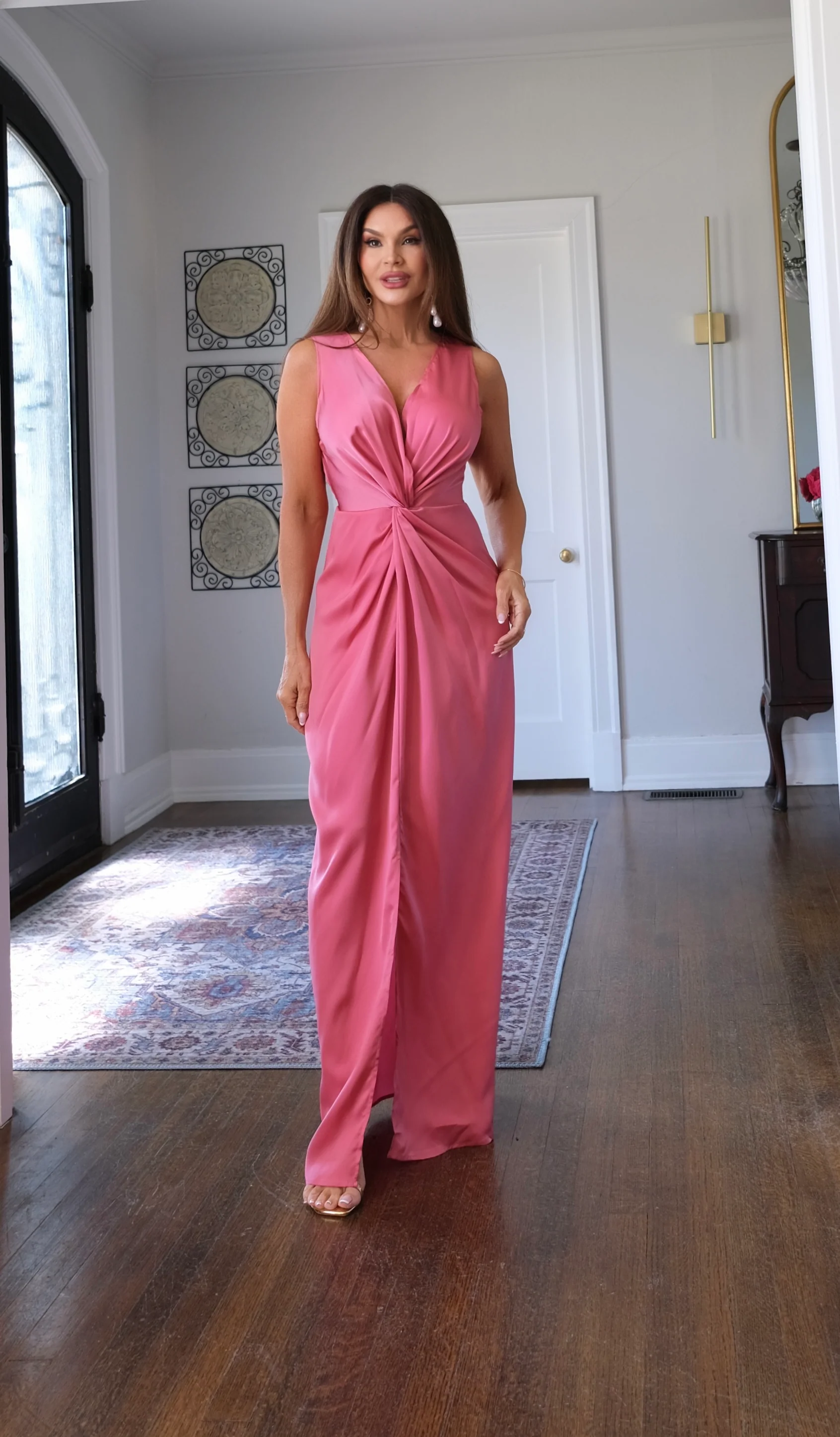 Rebel rose satin knotted v neck maxi dress