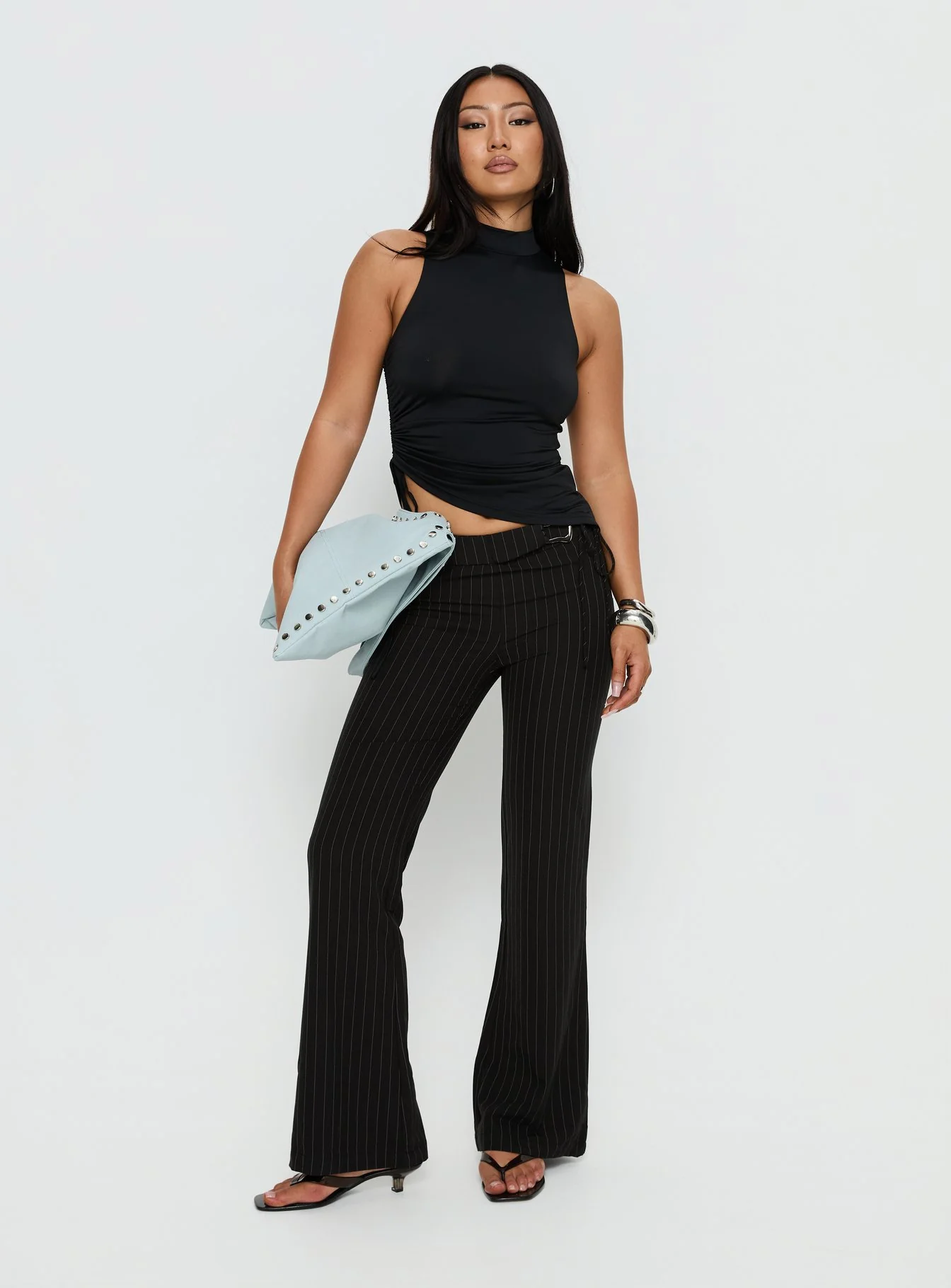 Louder Please Tie Side Straight Leg Pants Black Pinstripe