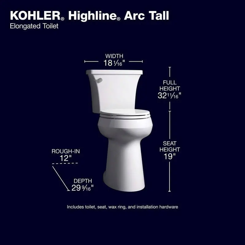 KOHLER Highline Arc Extra-Tall 2-częściowa toaleta przedłużona – 1,28 GPF, jedno spłukiwanie, biała (wraz z deską sedesową), model 78305-0
